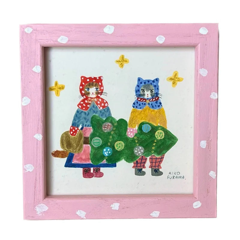 Aiko Fukawa Miniature Framed Original Artwork · Christmas Tree Cats